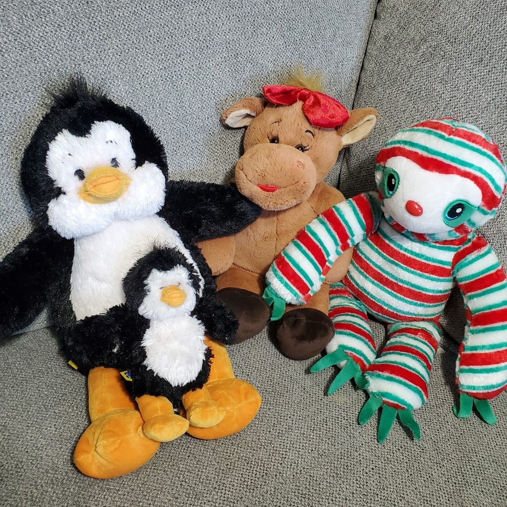 Build-A-Bear Workshop Lot Of 4 Christmas Winter Plush- Penguin Sloth Moose